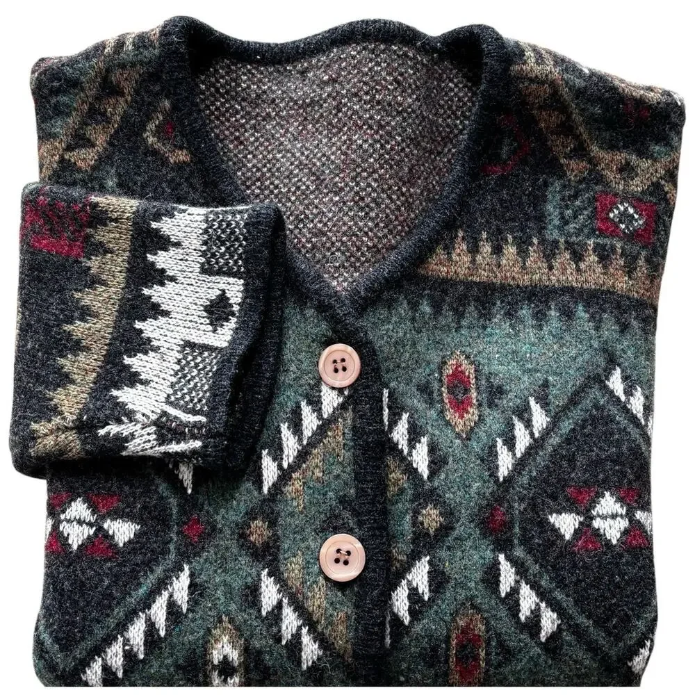 Vintage Aztec Blanket Wool Cardigan Sweater Green Gray Southwestern Ranch Small
